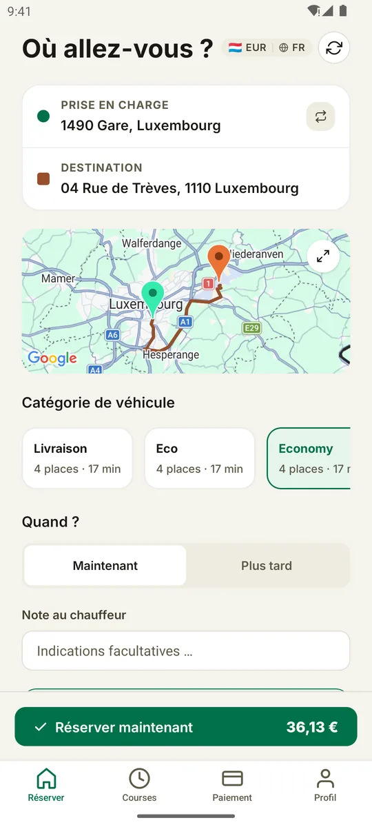 Application Emaride : demander une course avec départ et destination